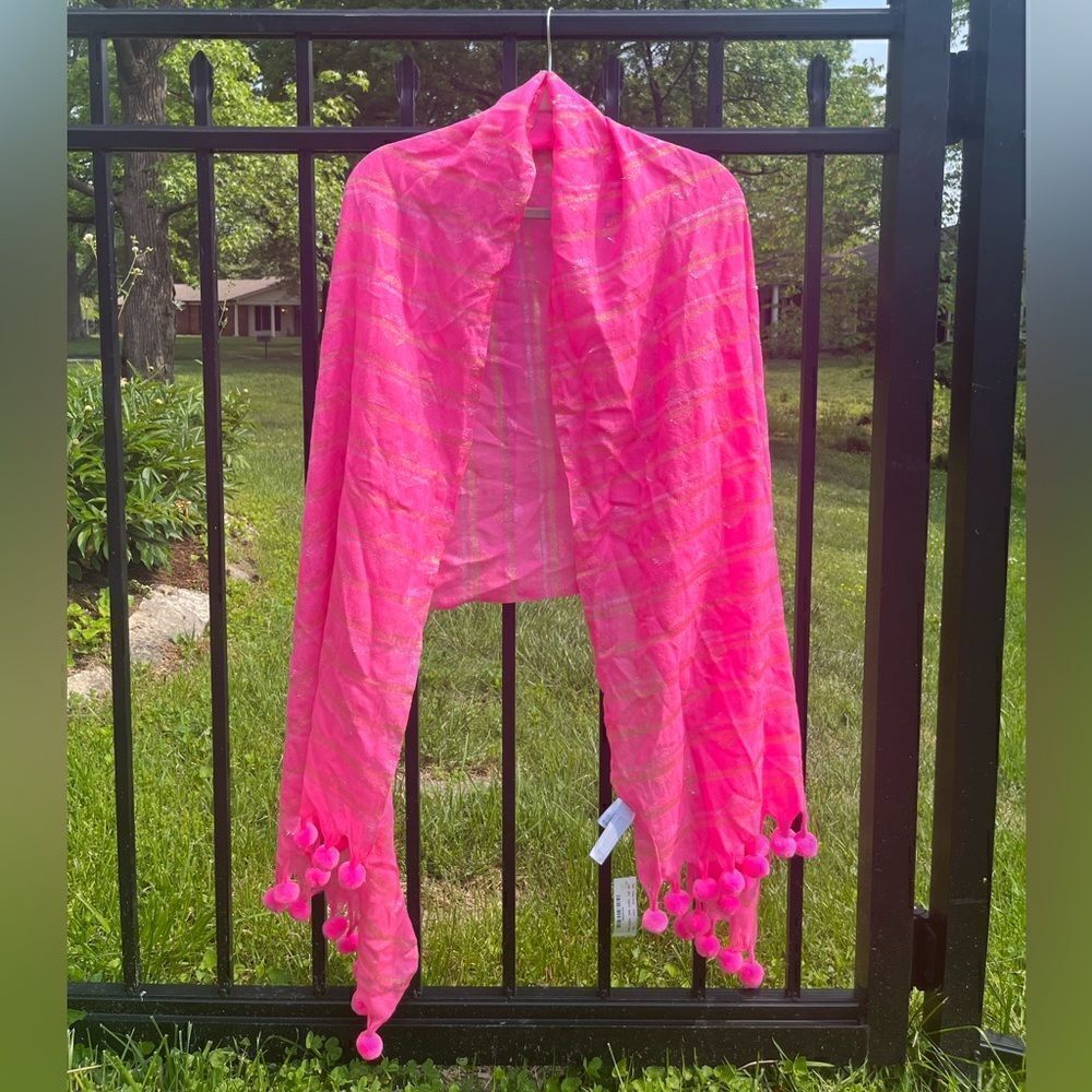 J Crew Hot Pink Metallic Pompom Scarf NWT